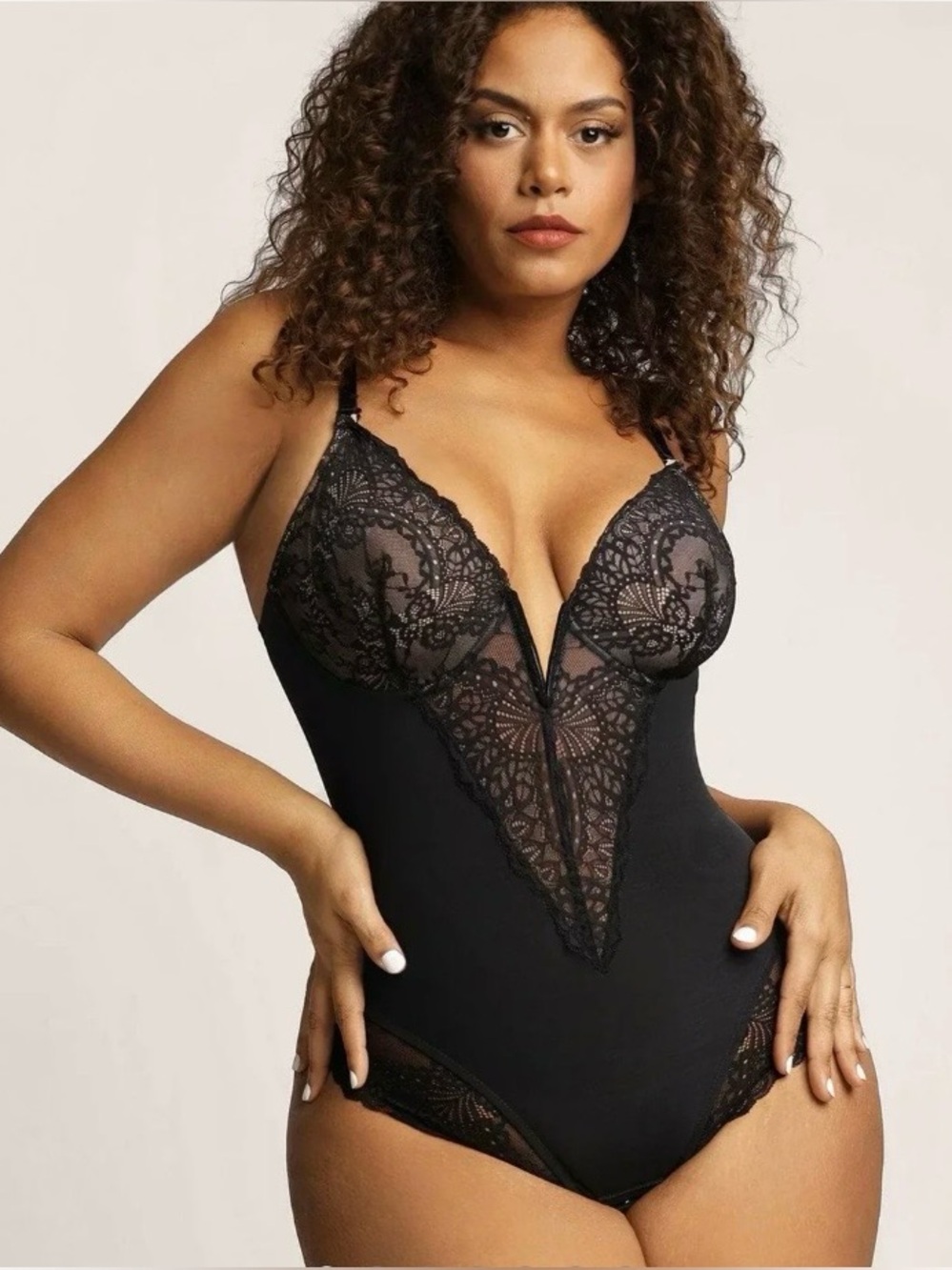 Plunge V Neck Shapewear Sculpting Thong Bodysuit L Black Lace Teddy Whimsigoth